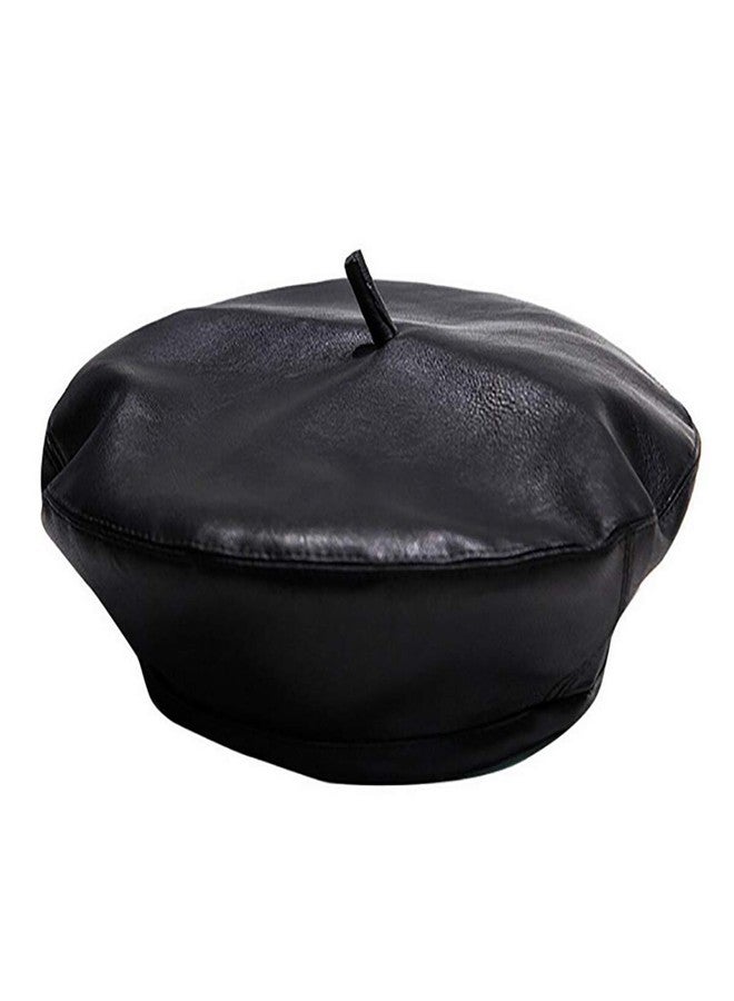 MINGSEECESS Women PU Leather French Black Beret Hat Causal Beanie Hat - Image 1